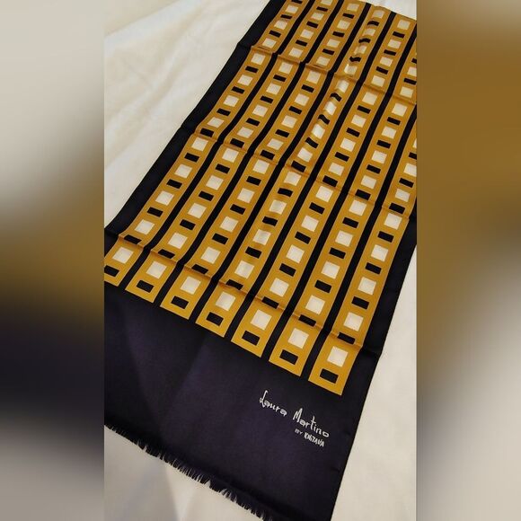 Laura Martino Long Fringe Vintage Silk Scarf Geometric Navy Blue & Gold - Picture 7 of 10